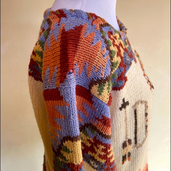 RALPH LAUREN COUNTRY 80’s HandKnit Native American Leather Whip Stitch Sweater M - Picture 13 of 14